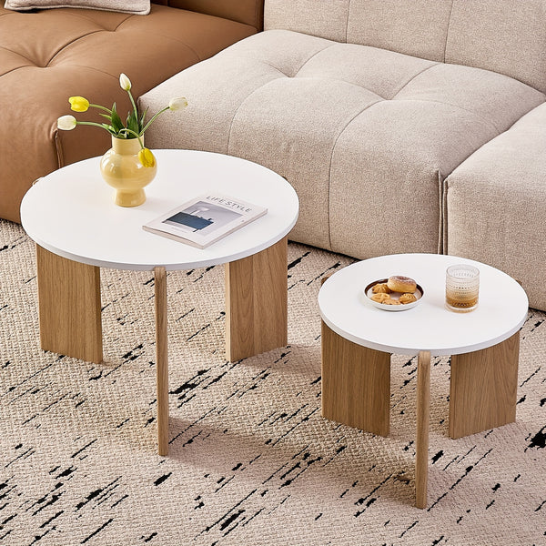 Two Sets of Round Nesting Coffee Tables, Mid-Century Modern Round Side Tables