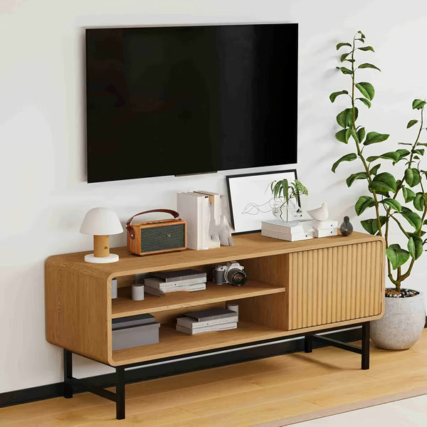 45-Inch Modern Farmhouse Boho TV Stand with Storage Cabinets & Open Shelves - Light Wood Veneer Finish Entertainment Center