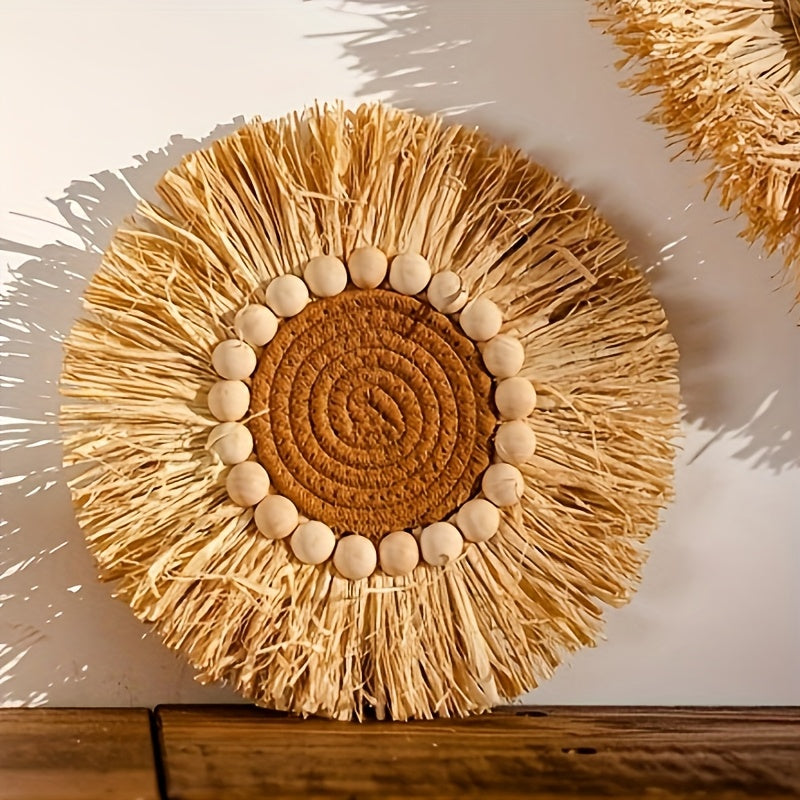 Bohemian style raffia wall decoration - artificial wood geometric circular design, natural beige tone