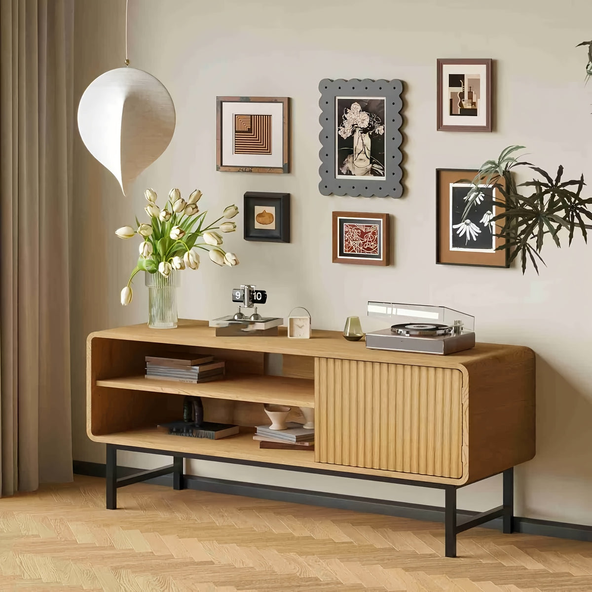 45-Inch Modern Farmhouse Boho TV Stand with Storage Cabinets & Open Shelves - Light Wood Veneer Finish Entertainment Center