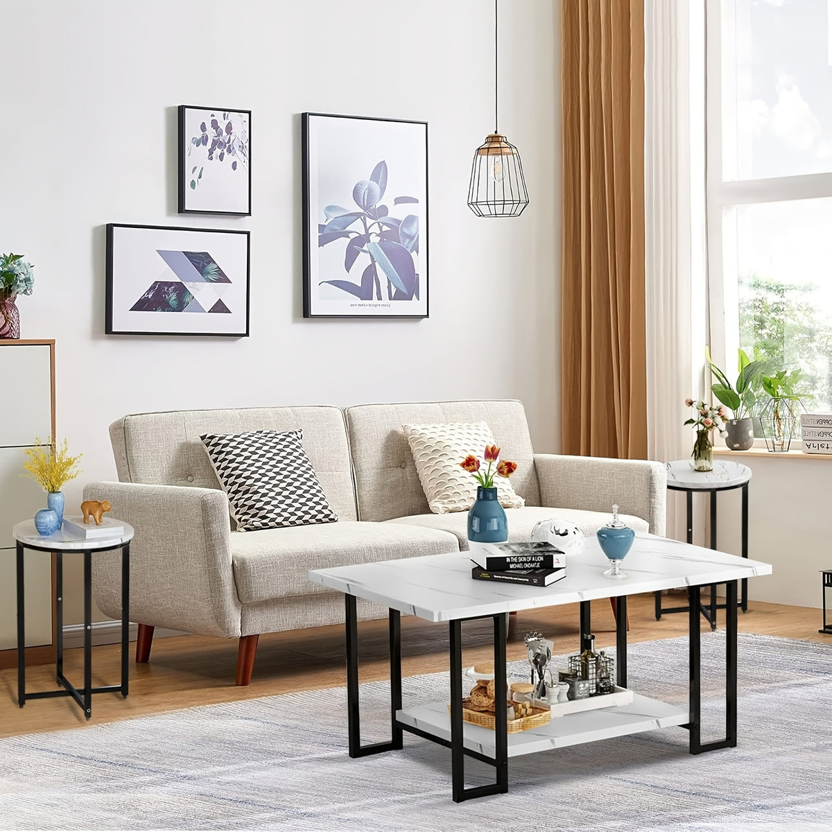 3pcs Coffee Table Set, Faux Marble Coffee Table with 2 Side Table