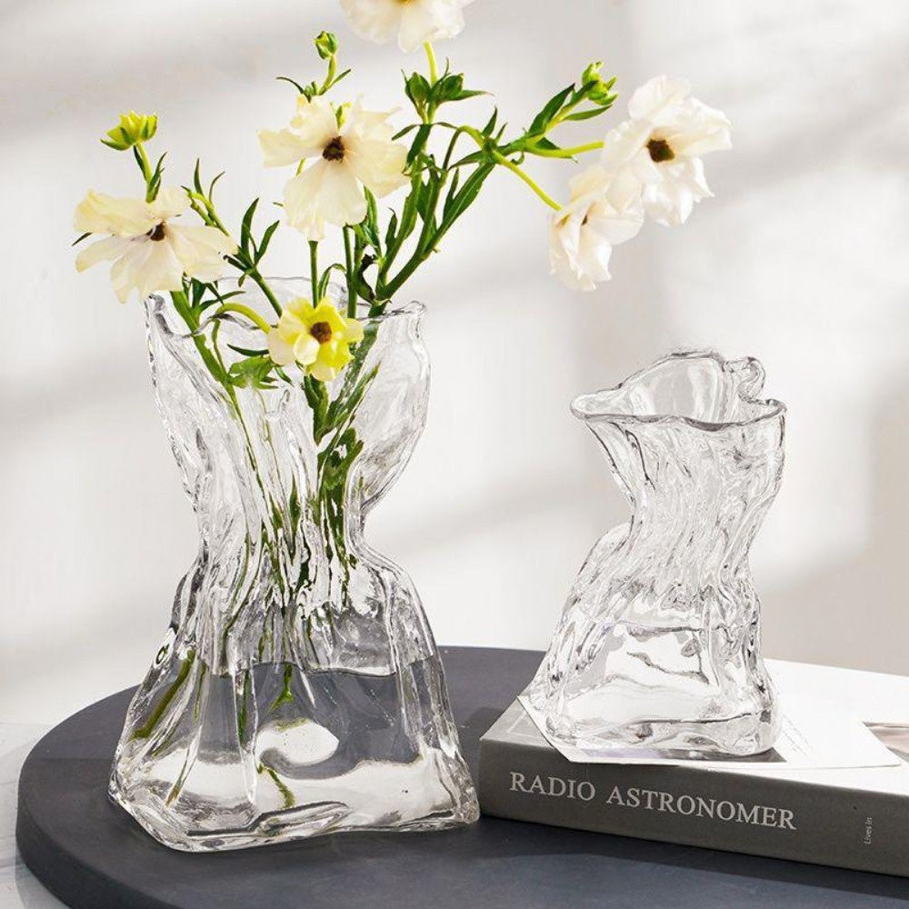 1pc Elegant Glass Ribbed Vase - Vintage Style Decorative Centerpiece for Home, Living Room
