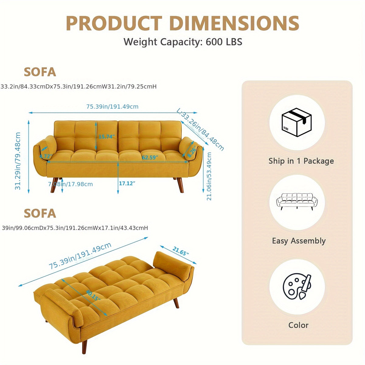 Foldable Sofa Bed, Linen Sleeping Sofa, 75-inch Wide Modern Three-seater Quilted Sofa