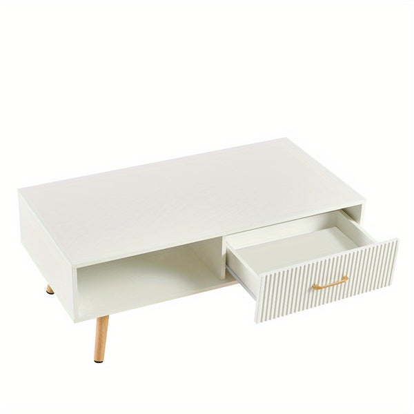 Modern White Rectangle Coffee Table with Sliding Storage Drawer & Solid Wood Legs - Space-Saving MDF Top