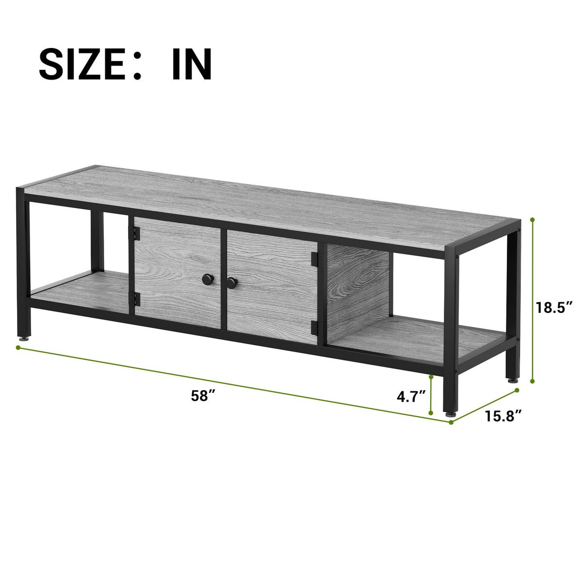 Modern Double Door TV Stand Cabinet with MDF-like - Heavy-Duty Metal, Grey Wood-Look Doors
