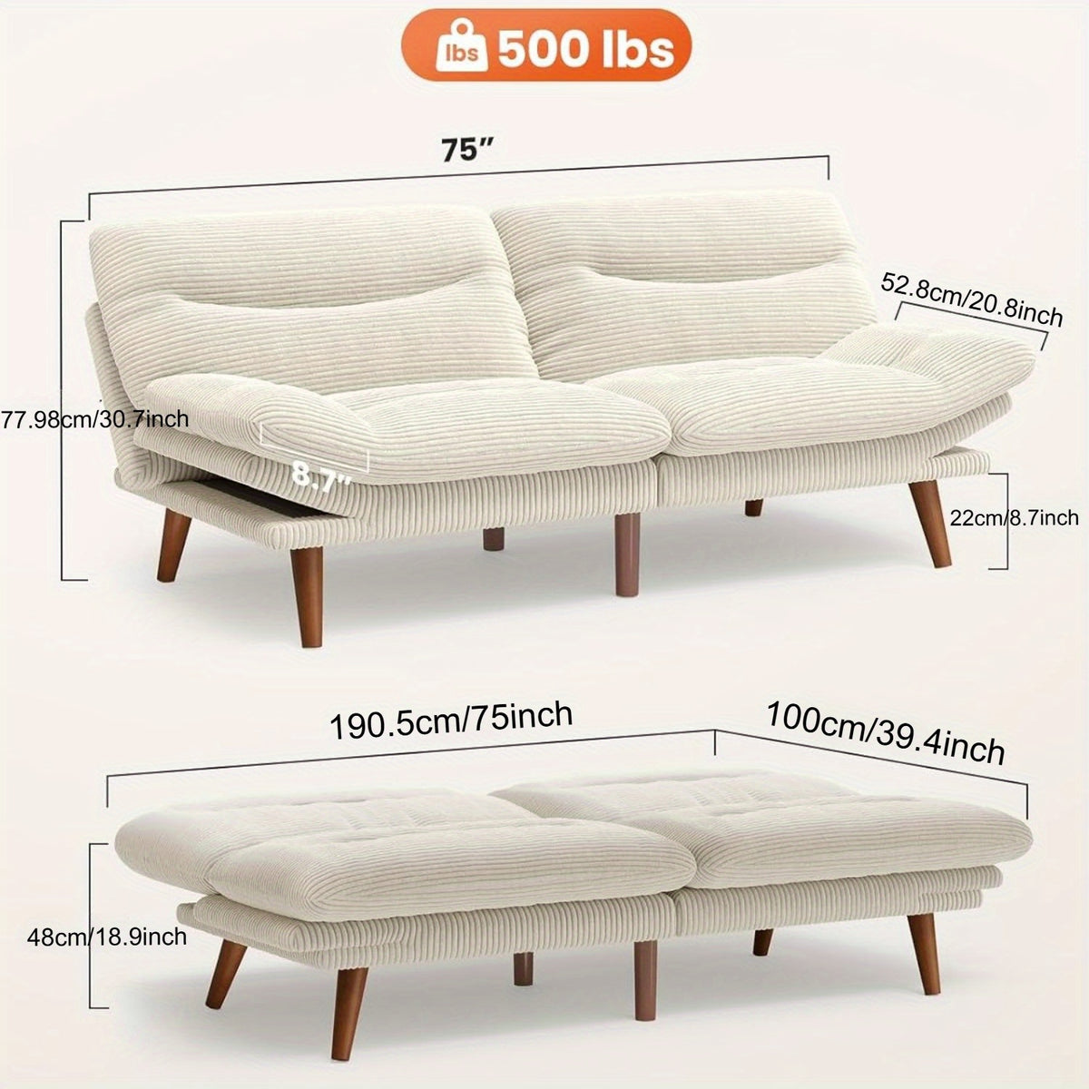 66-75Inch Futon Sofa Bed with Adjustable Backrest Armrests, Convertible Futon Sofa Couch for Small Spaces